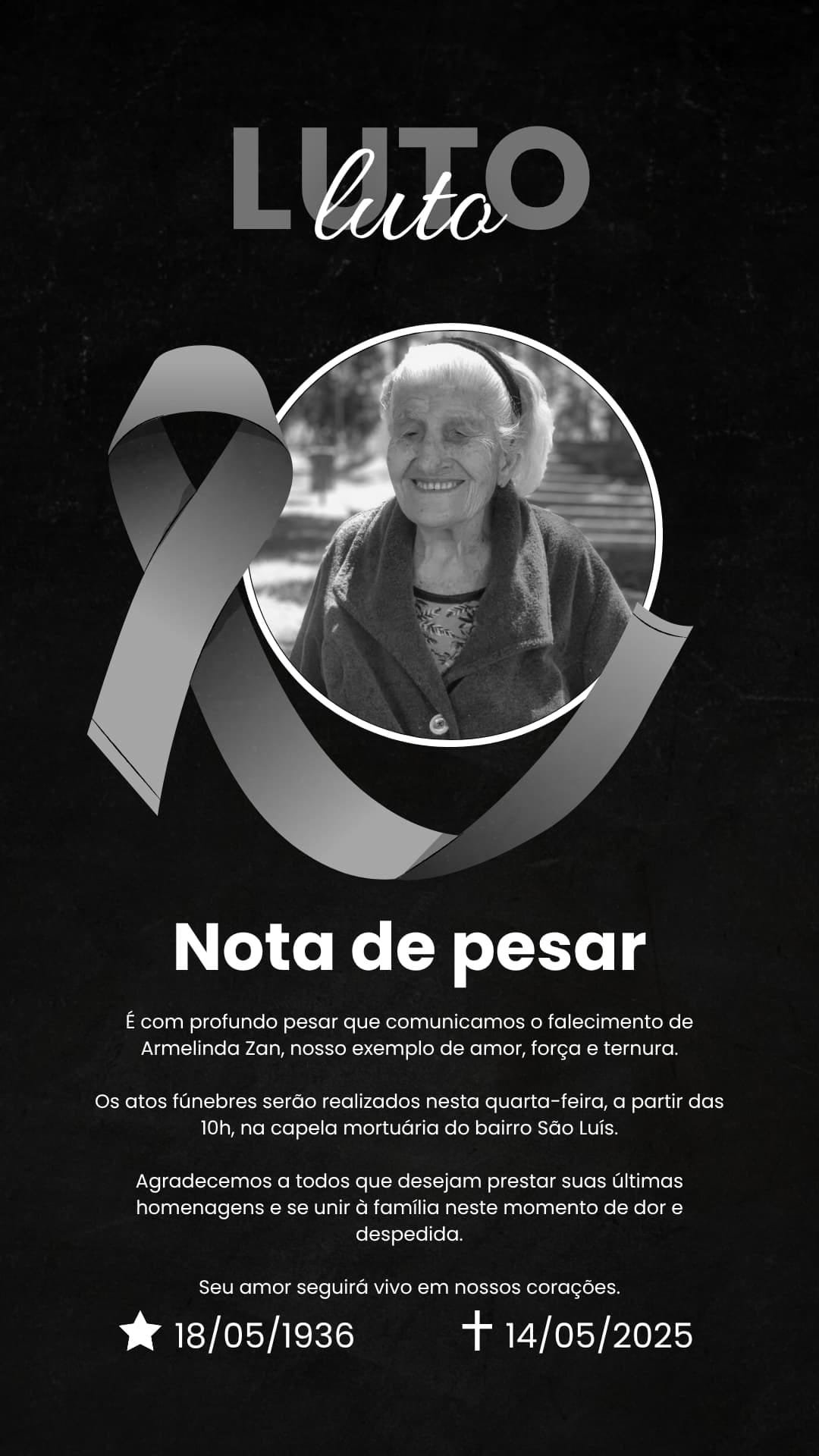 Falecimento de Armelinda Zan