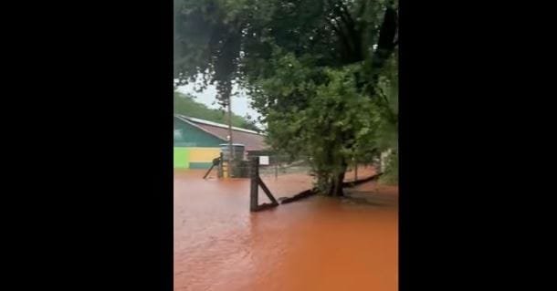 Chuvas intensas deixam aviário cercado de água em Santa Helena. Propriedade virou uma lagoa só