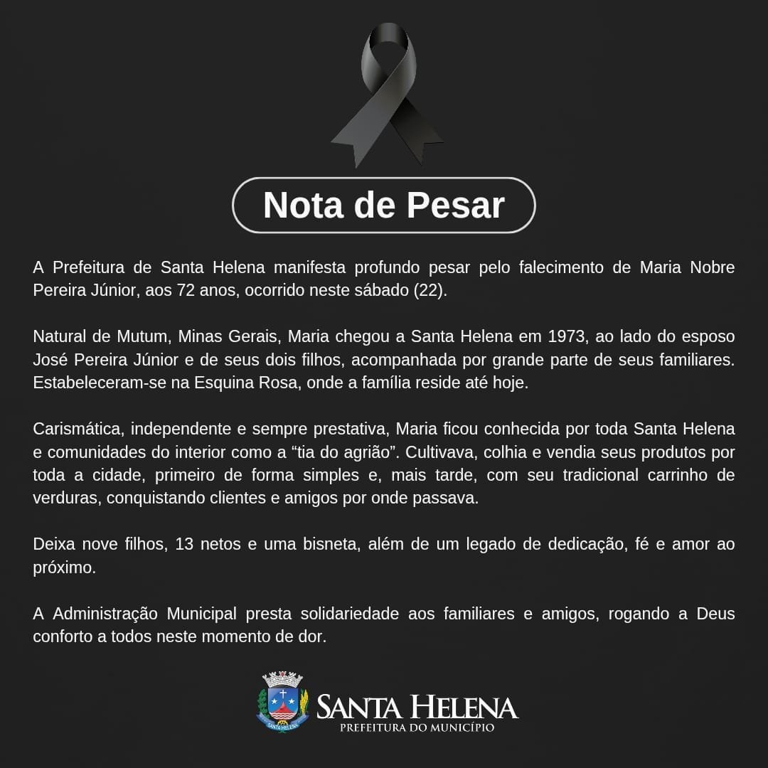 Prefeitura manifesta pesar pelo falecimento de Maria Nobre Pereira