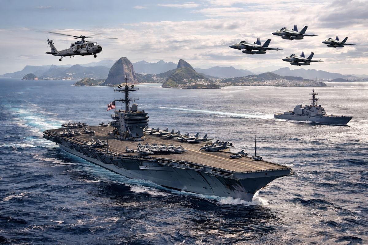 Southern Seas 2026: Porta-aviões americano acompanhado de destróier, helicópteros, caças e grande contingente, fará parada no Brasil