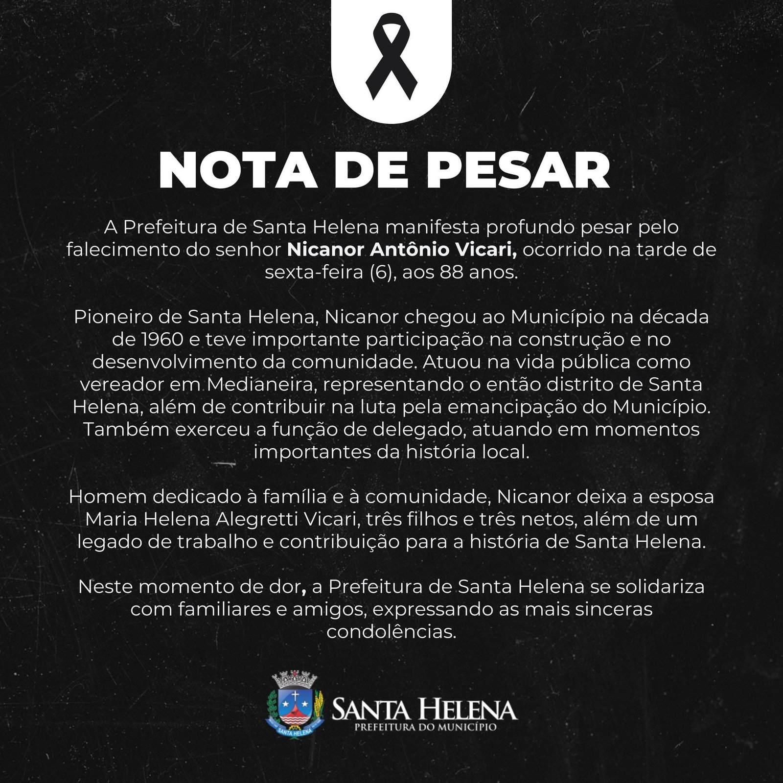 Prefeitura emite nota de pesar pelo falecimento de Nicanor Vicari