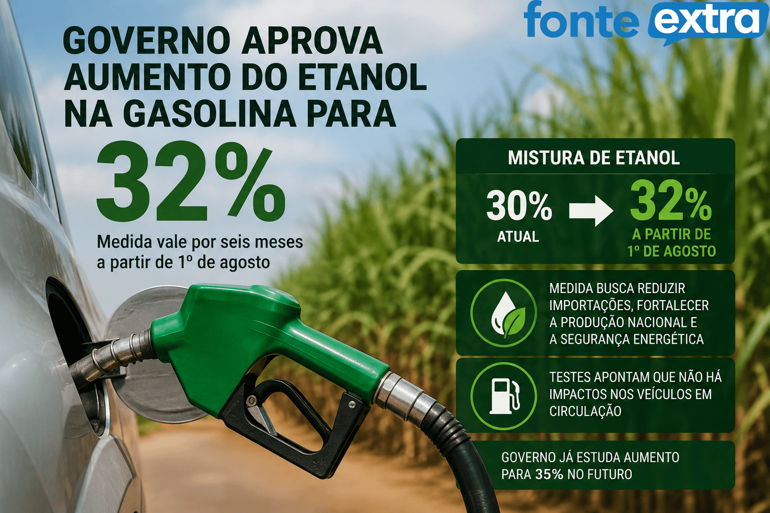 Governo aprova aumento da mistura de etanol na gasolina para 32% por seis meses