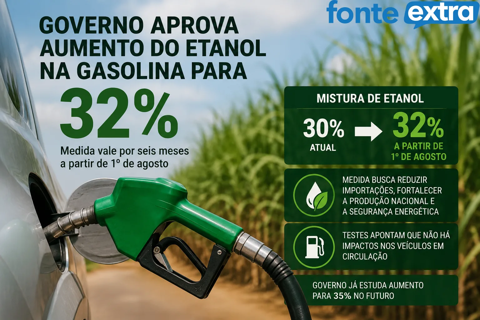 Governo aprova aumento da mistura de etanol na gasolina para 32% por seis meses