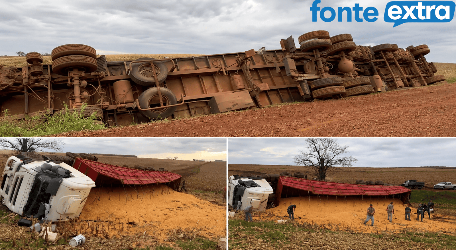 Carreta com 750 sacas de milho tomba em estrada rural de Toledo