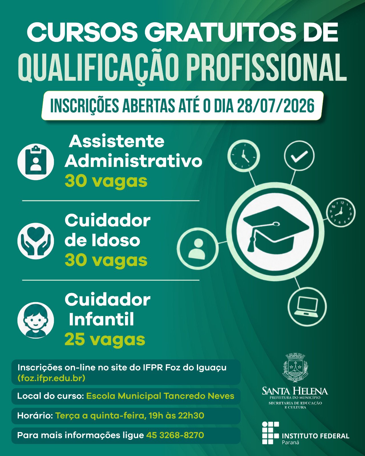 Prefeitura de Santa Helena abre 85 vagas em cursos gratuitos de qualificação profissional em parceria com o IFPR