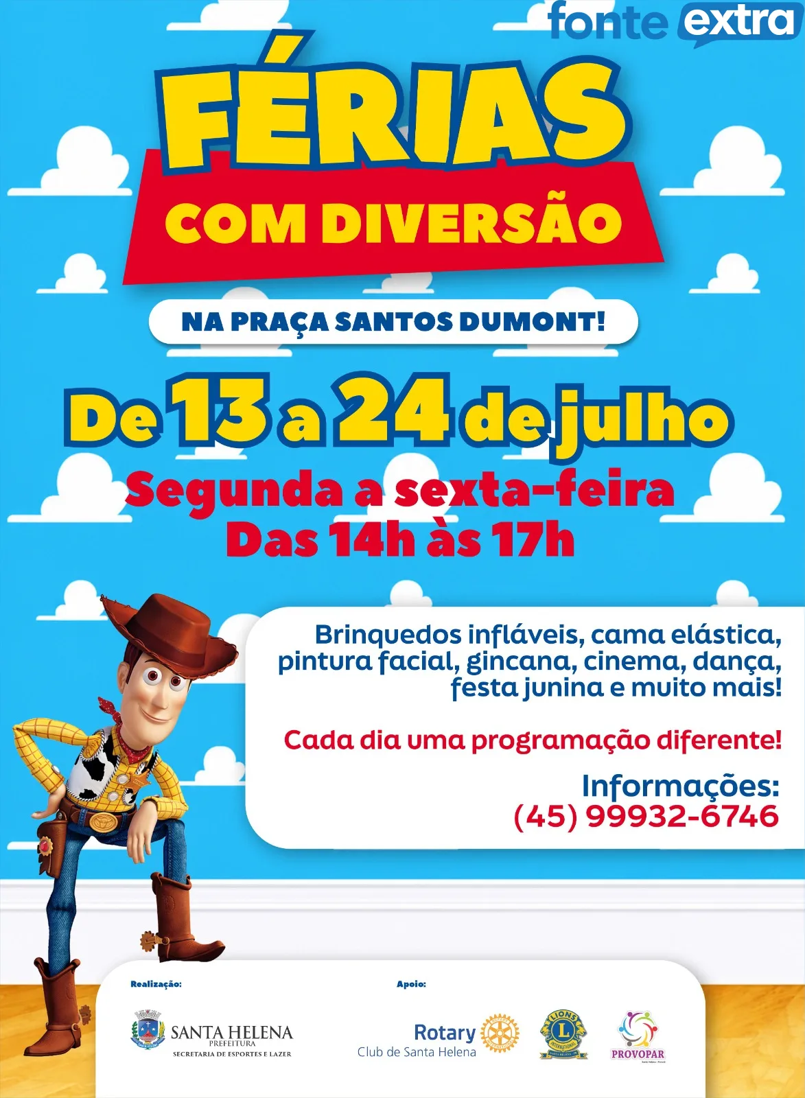Prefeitura de Santa Helena promove Colônia de Férias gratuita na Praça Santos Dumont até 24 de julho