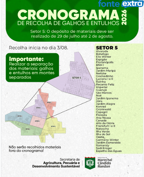 Moradores do setor 5 podem depositar galhos, entulhos e materiais inservíveis em Marechal Rondon