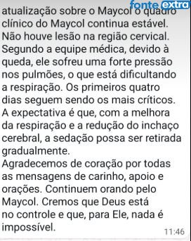 Estado de saúde de Maycol Braghini é estável, mas requer cuidados intensivos nos primeiros dias
