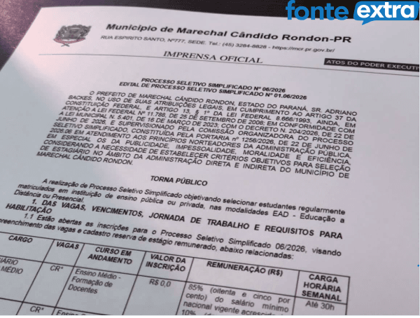 Inscrições para PSS na área da Educação em Marechal Rondon terminam nesta segunda-feira (27)