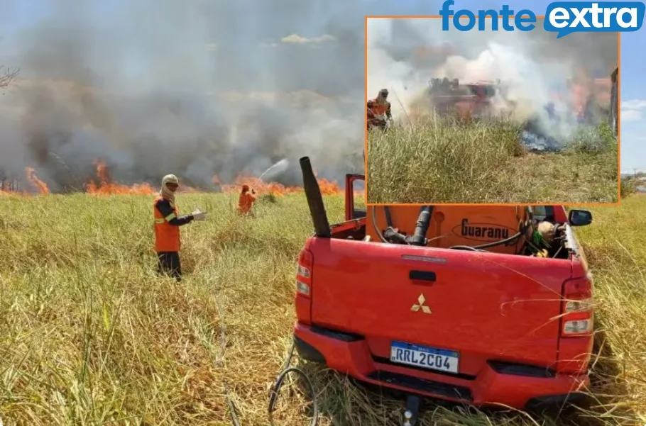Viatura dos bombeiros é cercada por chamas durante combate a incêndio no Mato Grosso (vídeo)