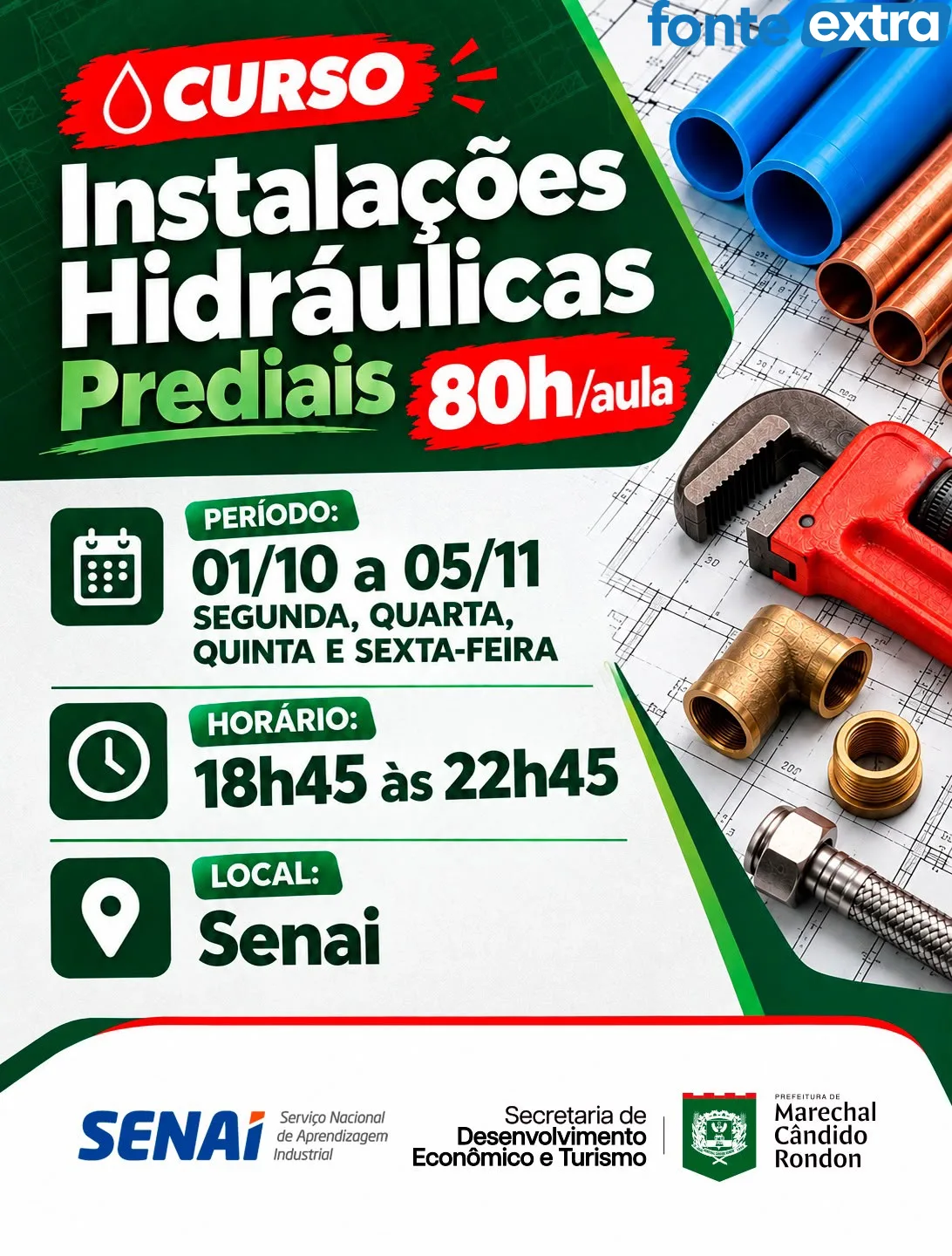 Prefeitura e Senai oferecem curso gratuito de Instalações Hidráulicas em Marechal Cândido Rondon