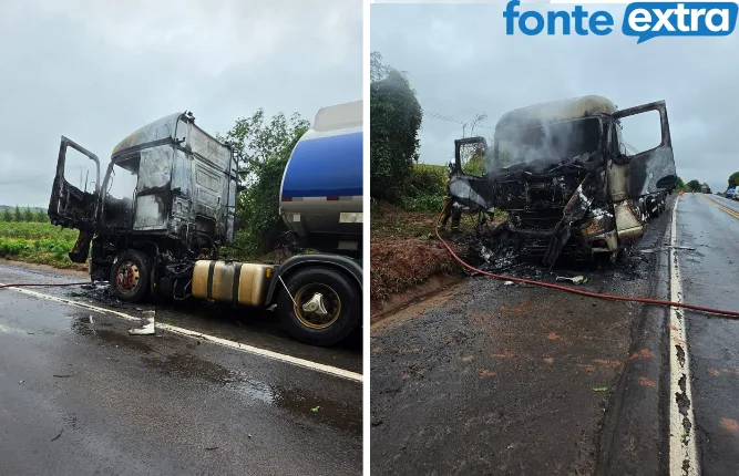 Caminhão-tanque com combustível pega fogo na BR-376 em Paranavaí