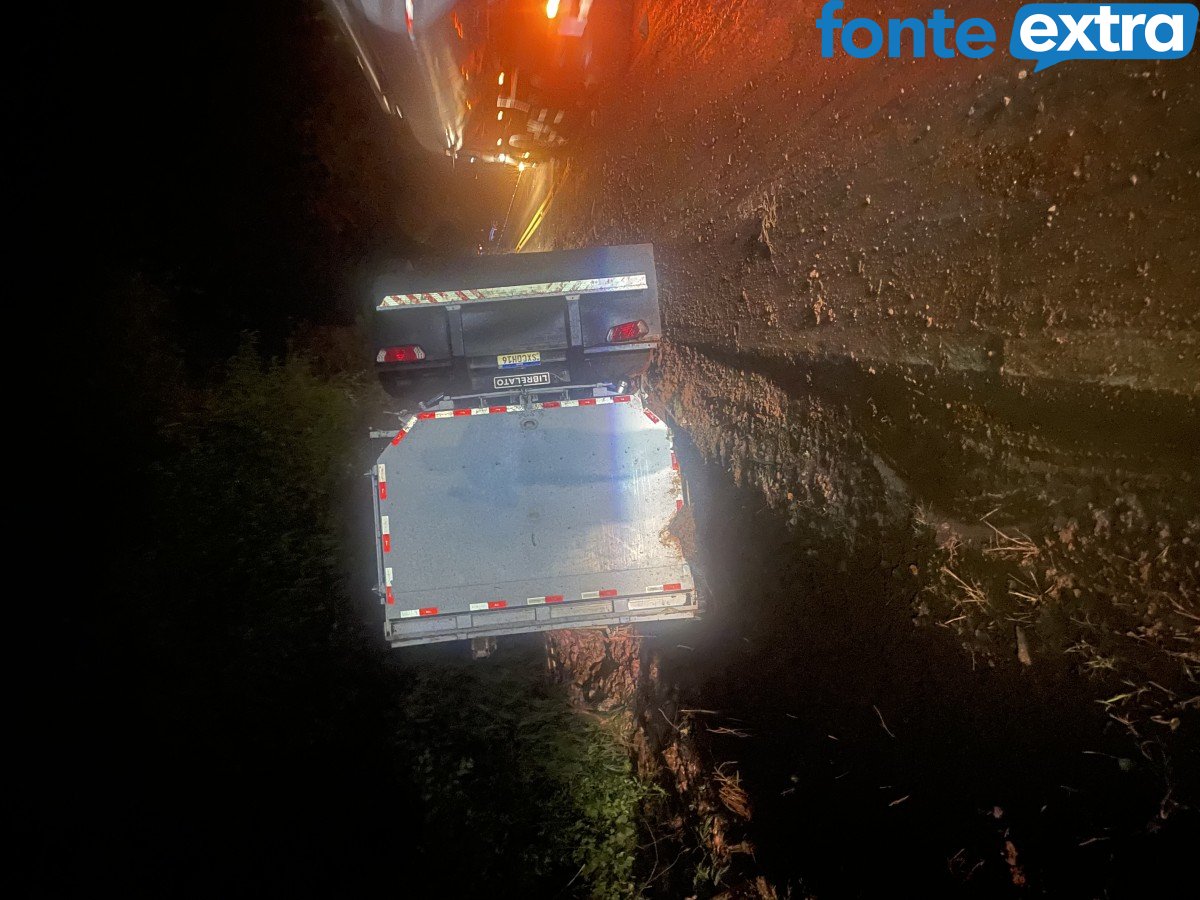 Caminhão carregado com vísceras tomba na PR-495, em Missal, e motorista fica ferido