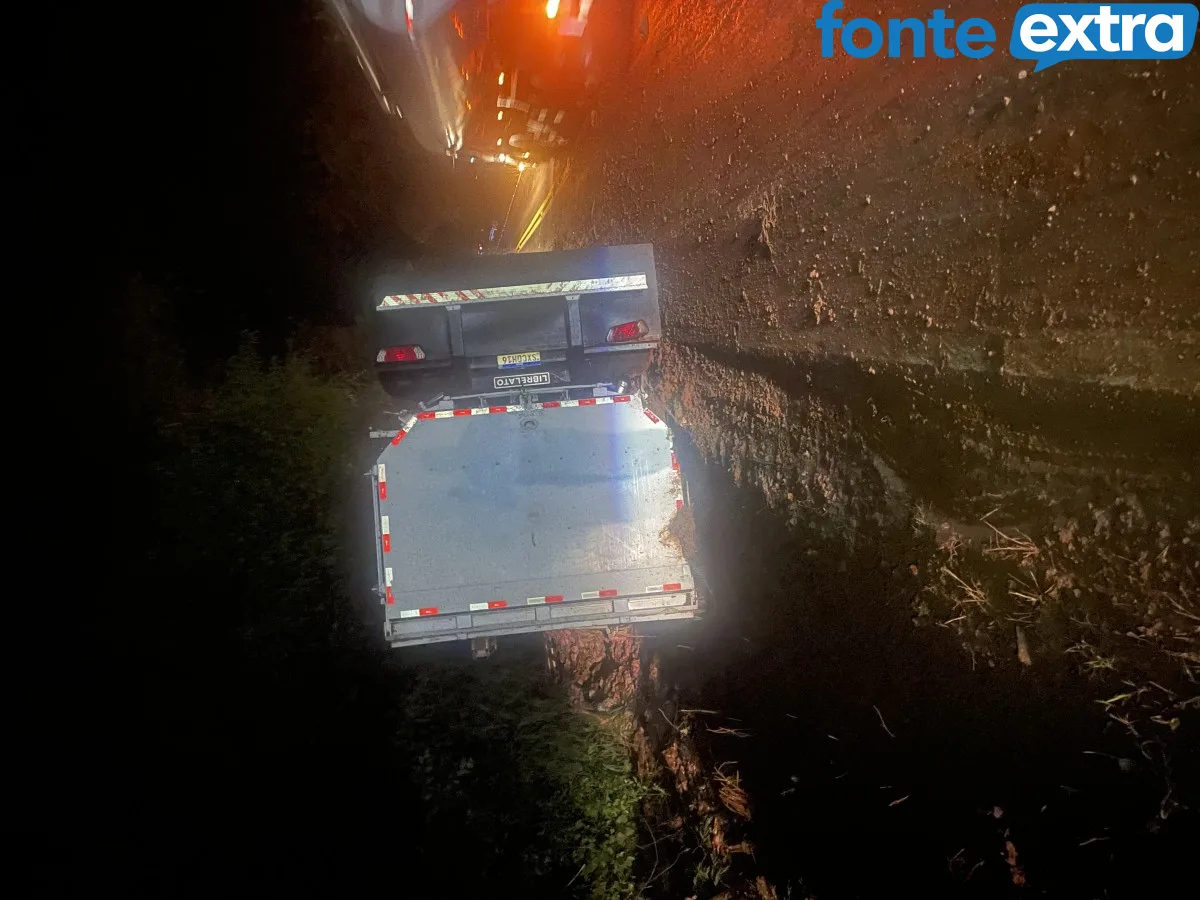 Caminhão carregado com vísceras tomba na PR-495, em Missal, e motorista fica ferido
