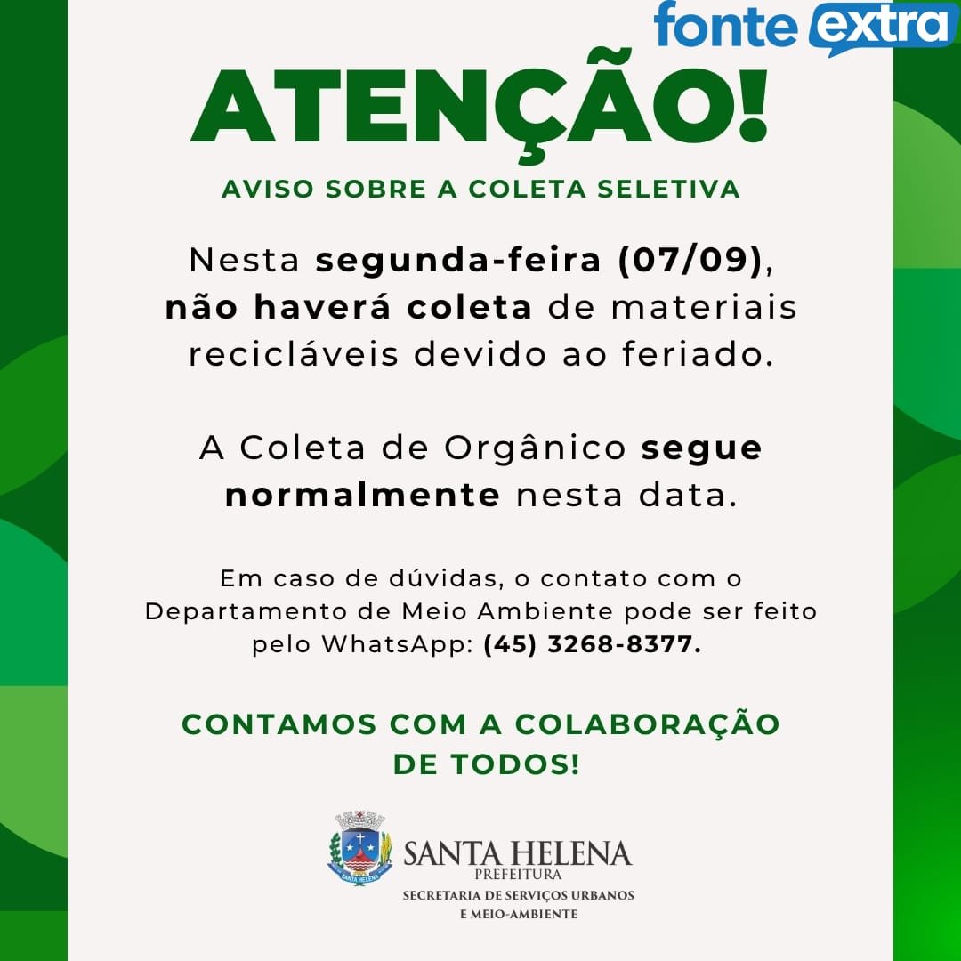 Feriado: Reciclados não serão recolhidos na segunda em Santa Helena