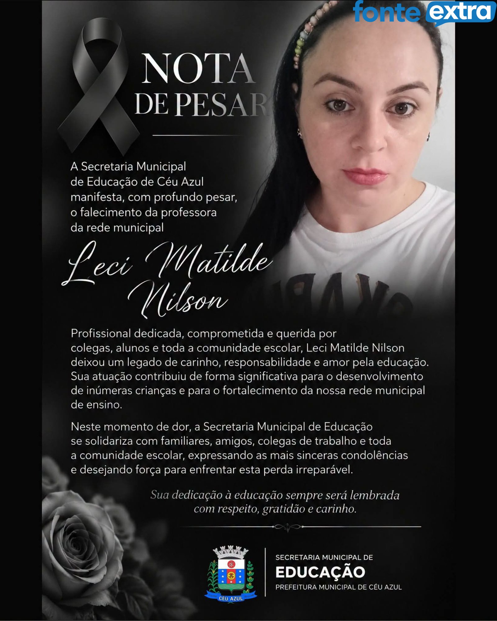 Professora da rede municipal de Céu Azul morre e Secretaria de Educação divulga nota de pesar