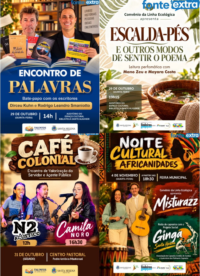 Santa Helena tem agenda cultural com shows, literatura e capoeira até 4 de novembro
