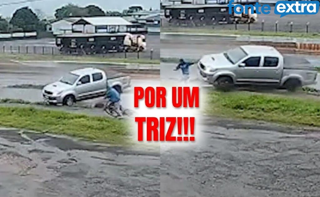 Pavor e sorte (vídeo). Ciclista escapa raspando de caminhonete capotando em Marechal Rondon