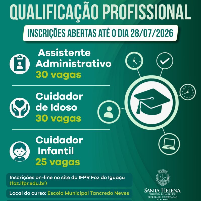 Prefeitura de Santa Helena abre 85 vagas em cursos gratuitos de qualificação profissional em parceria com o IFPR