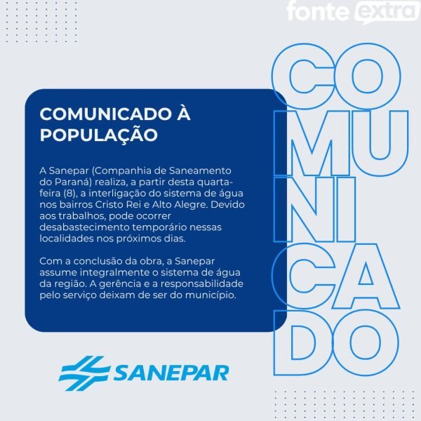 Sanepar assume sistema de água nos bairros Cristo Rei e Alto Alegre em Santa Helena a partir desta quarta