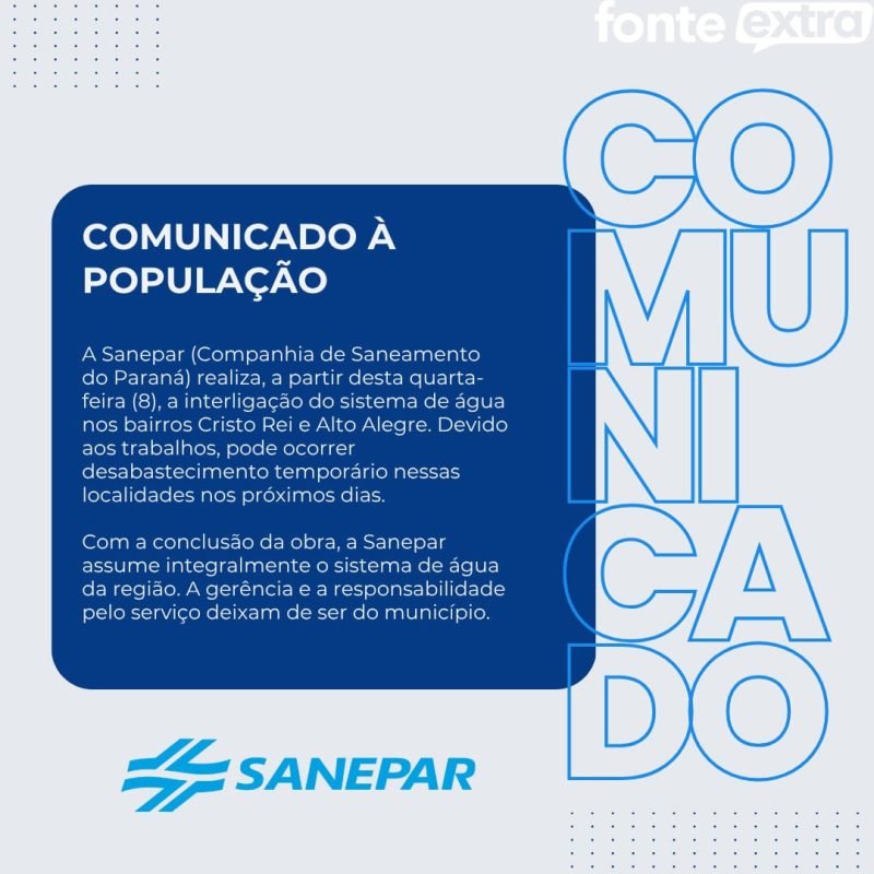 Sanepar assume sistema de água nos bairros Cristo Rei e Alto Alegre em Santa Helena a partir desta quarta