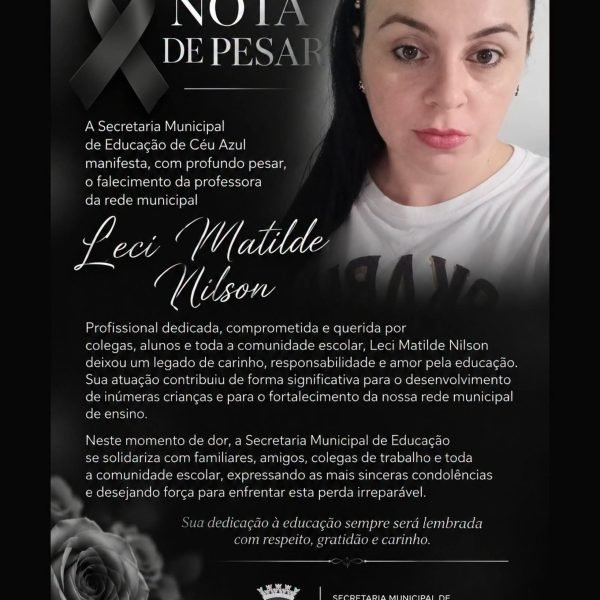 Professora da rede municipal de Céu Azul morre e Secretaria de Educação divulga nota de pesar