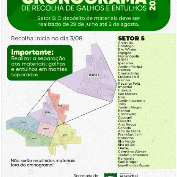 Moradores do setor 5 podem depositar galhos, entulhos e materiais inservíveis em Marechal Rondon