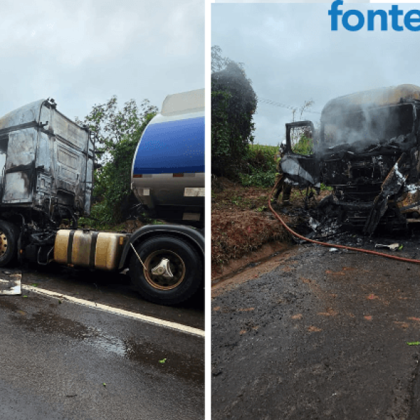 Caminhão-tanque com combustível pega fogo na BR-376 em Paranavaí