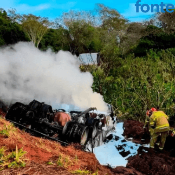 Caminhoneiro morre carbonizado após carreta tombar e pegar fogo na BR-487
