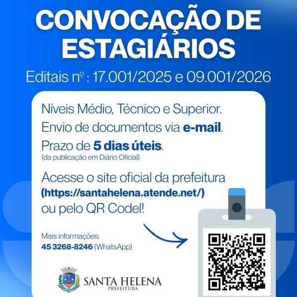 Novos estagiários de níveis médio, técnico e superior, são convocados pela prefeitura de SH