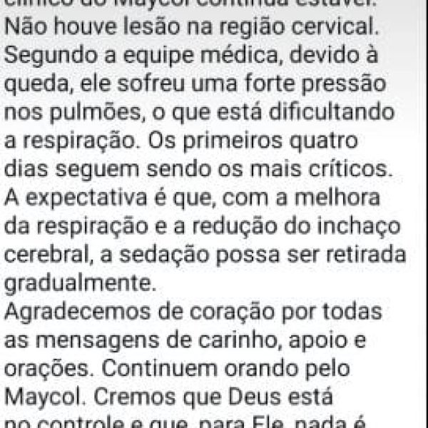 Estado de saúde de Maycol Braghini é estável, mas requer cuidados intensivos nos primeiros dias