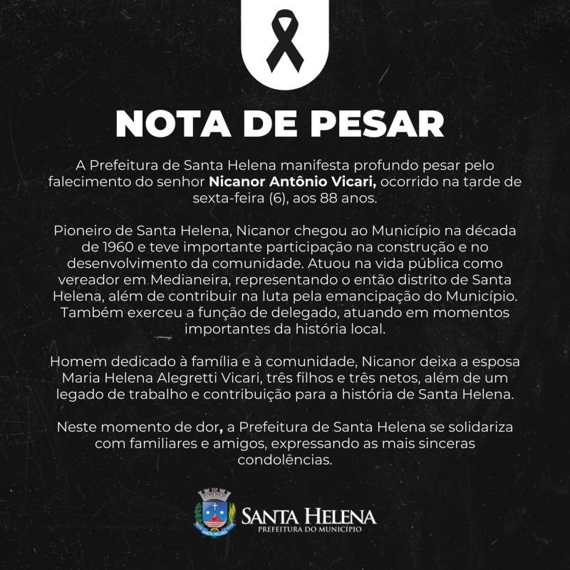 Prefeitura emite nota de pesar pelo falecimento de Nicanor Vicari