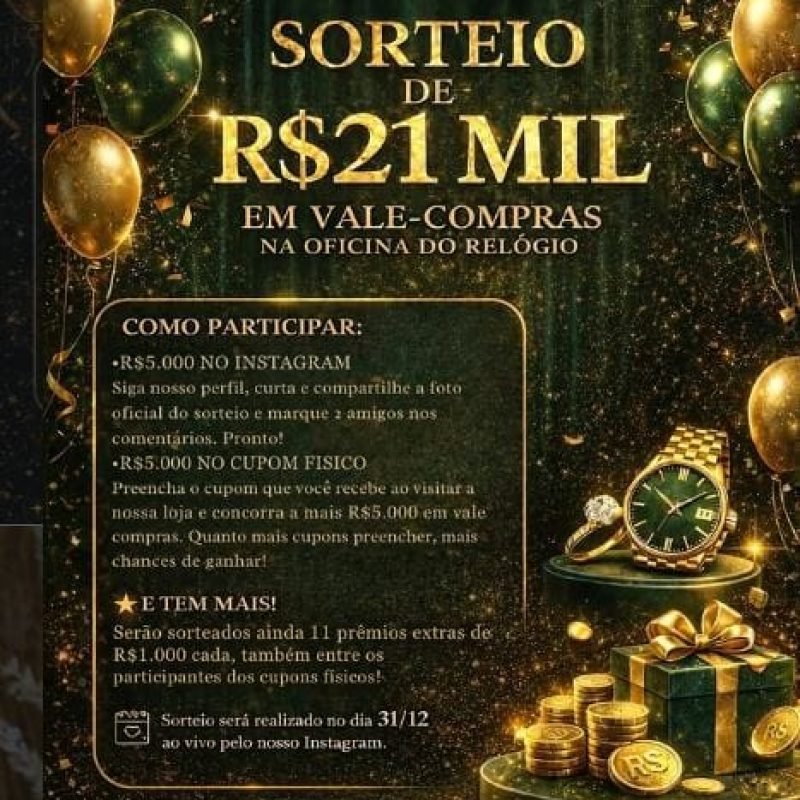 Super promoção de óculos de grau e ainda,  R$ 21 mil em prêmios na Oficina do Relógio